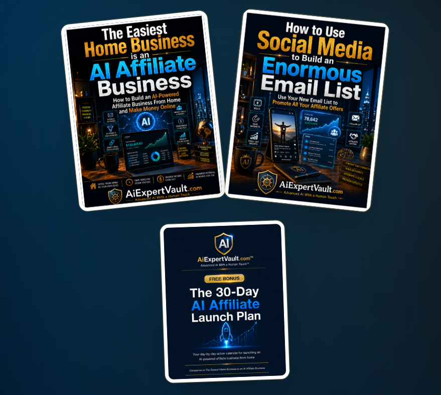 Front covers of the AI Affiliate Business eBook, the Social Media email list guide and the 30-Day AI Affiliate Launch Plan