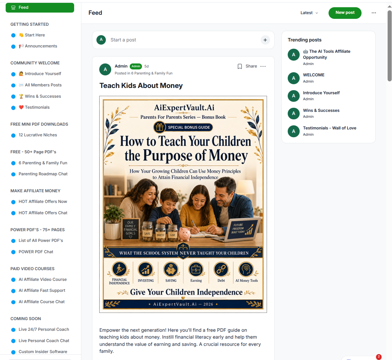 Inside the AiExpertVault community: a sample post from the feed showing the Teach Kids About Money bonus guide